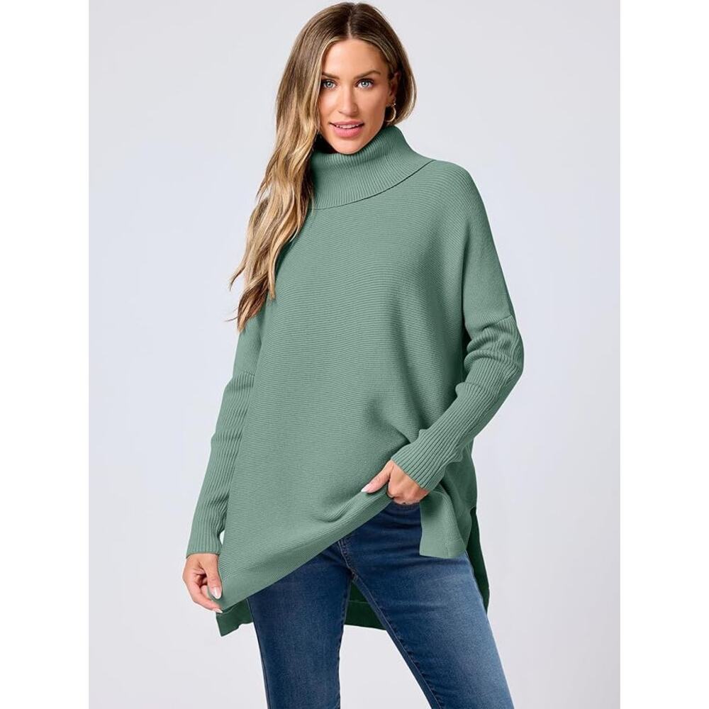 Anrabess Ribbed Oversized Turtleneck Sweater Gray Green Size M